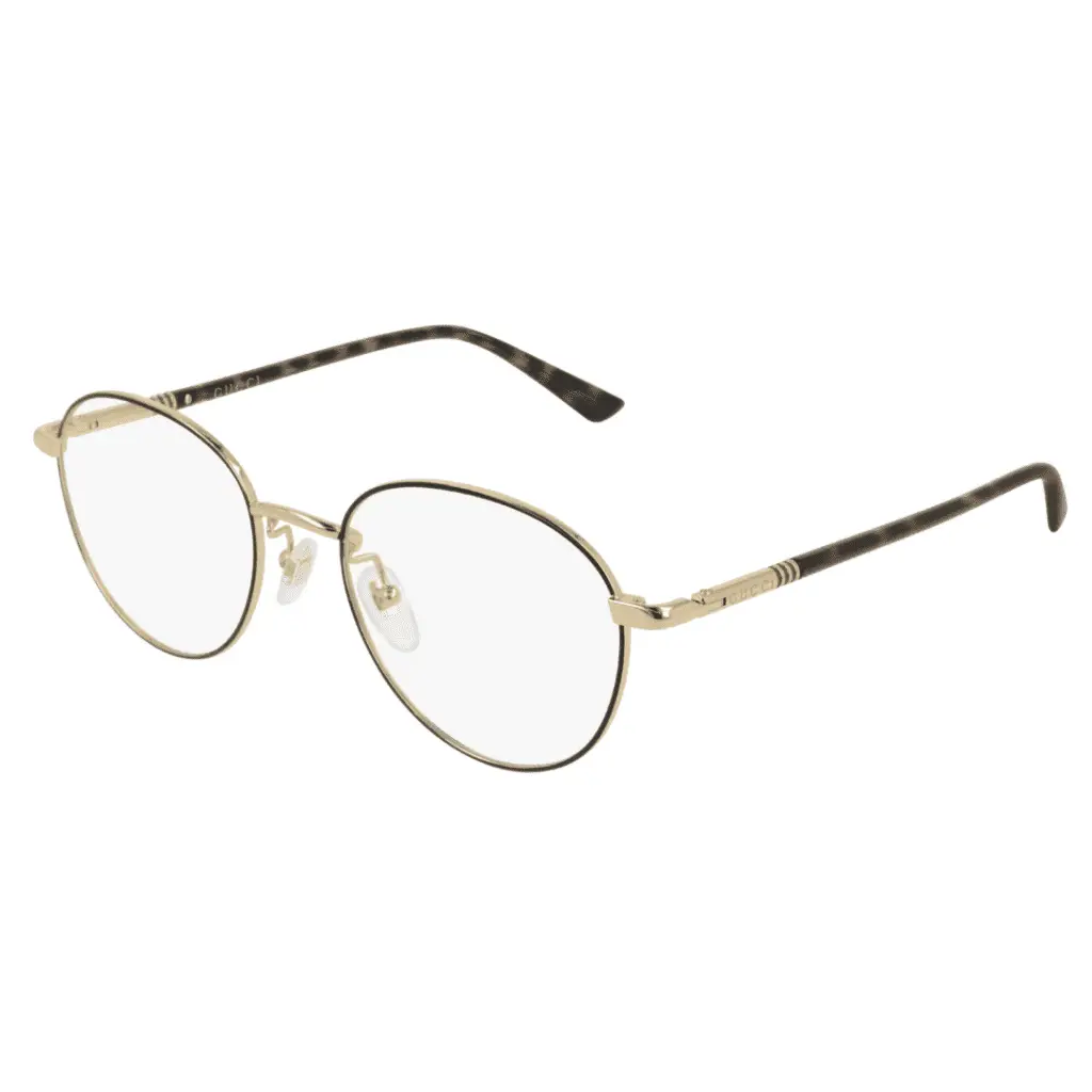 Runde Brille mit goldenem Gestell von Gucci und Bügeln.