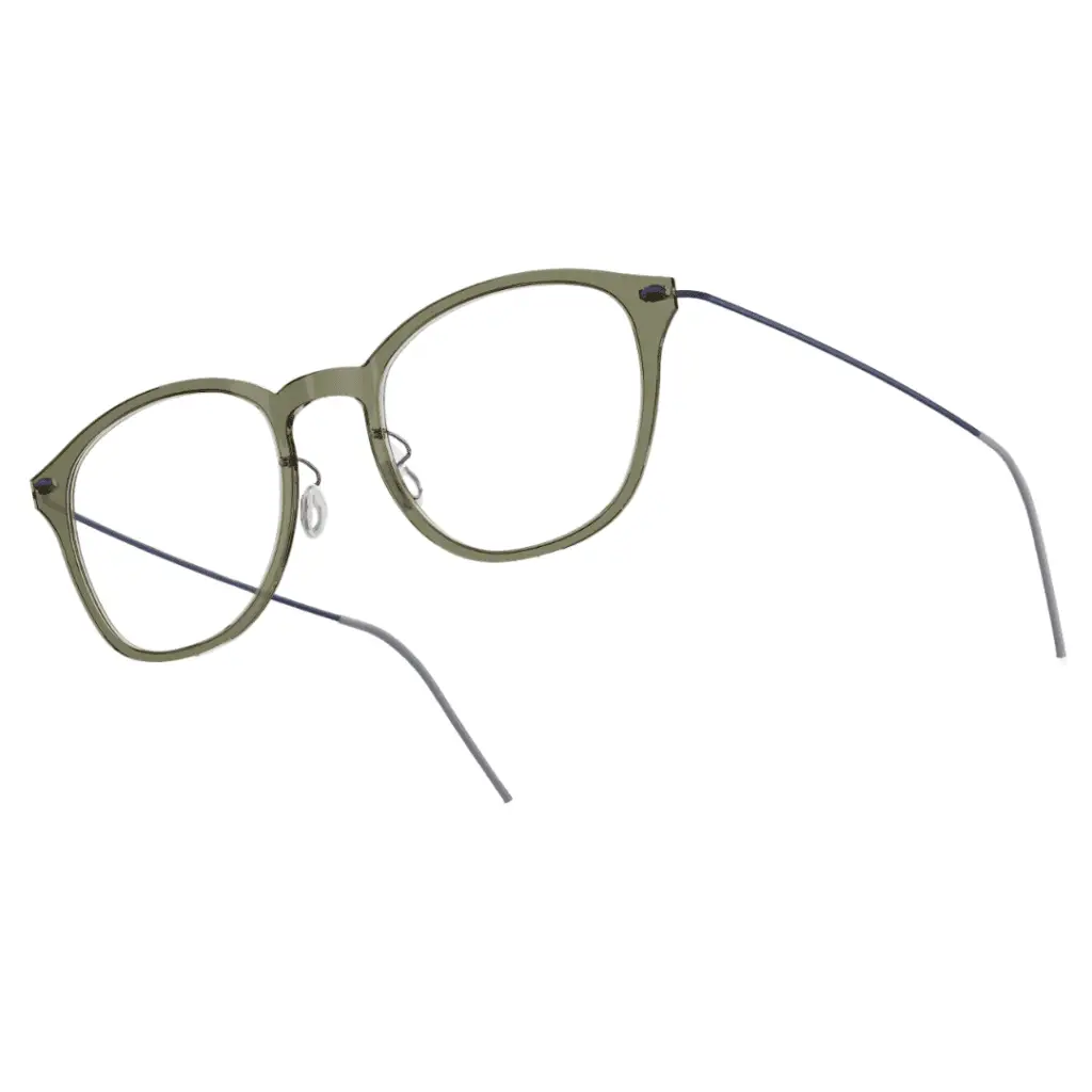 Runde grüne Lindbergbrille mit blauen Bügeln.