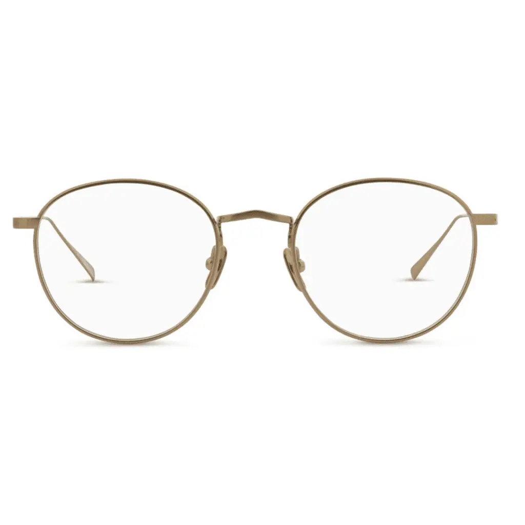 Runde goldene Brille von Lunor vor weißem Hintergrund.